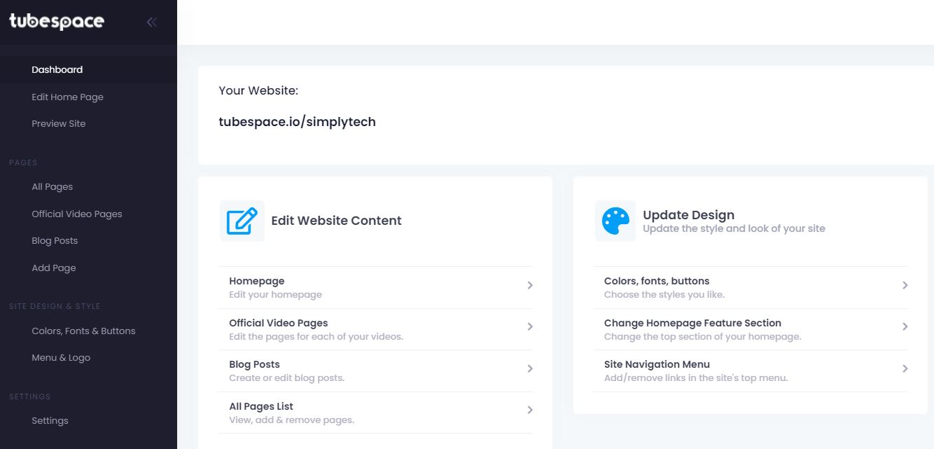 Image of Tubespace website builder dashboard